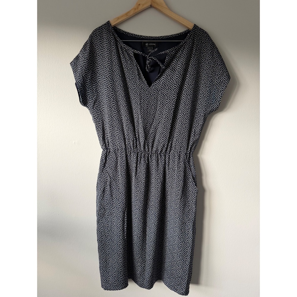 St. John Silk Navy Blue Polka Dot V-Neck Tie Elastic Waist Pocket Dress Size 10